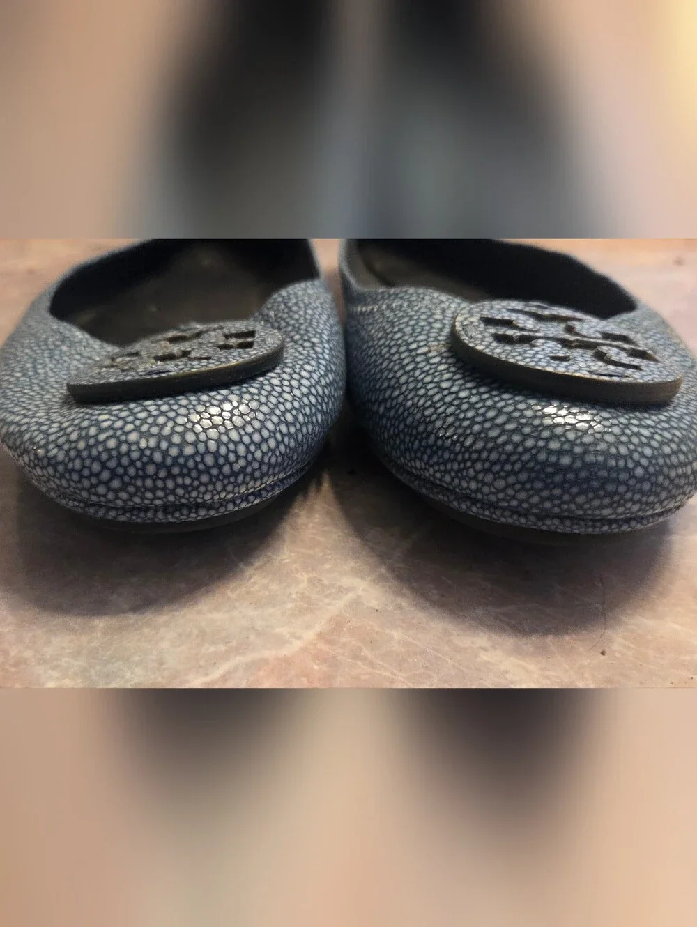 Tory Burch Blue Textured Logo Ballet Flats